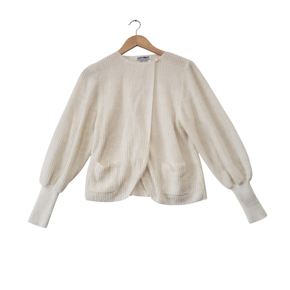 Penrose Cardigan Sweater Womens Small White Vintage 80s Ribbed Balloon Sleeve